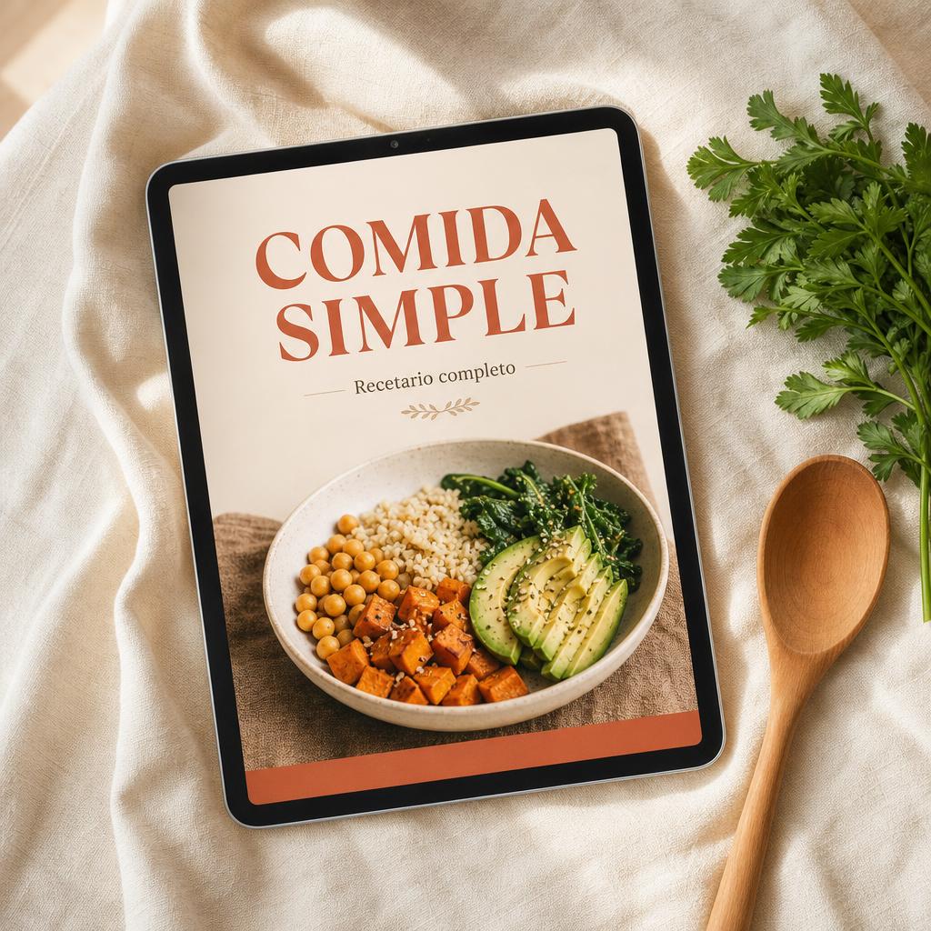 Ebook Comida simple, recetario completo, en una tablet sobre mantel de lino