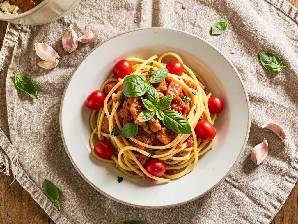 Plato de fideos con salsa de tomates cherry y albahaca fresca
