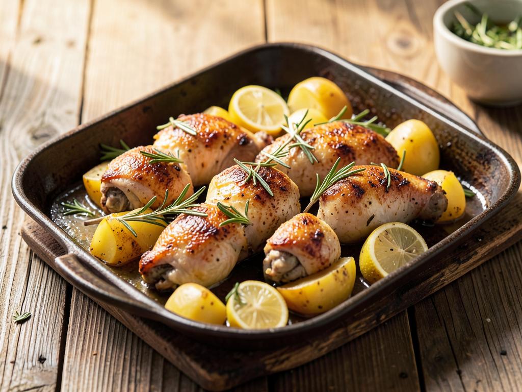Fuente con muslos de pollo dorados, papas y limón