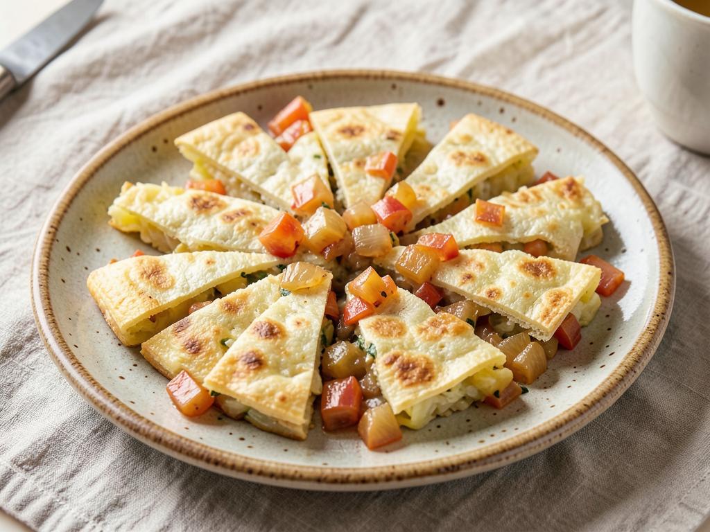 Tortilla de papa y cebolla dorada cortada en porciones