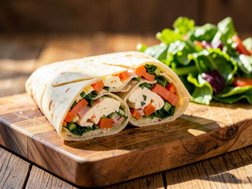 Wrap relleno de verduras y queso cortado al medio con ensalada